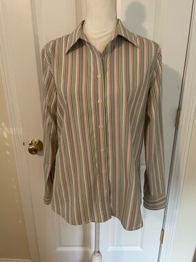 Eddie Bauer Pink and Green Striped Button-Up Dress Shirt wrinkle free